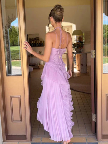 Zakaka Elegant Ruffle Cocktail Dress for Women Pleated Asymmetrical Halter Neck Midi Wedding Guest Races Gown