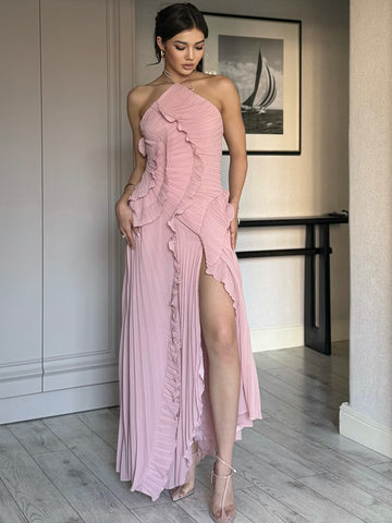 Zakaka Elegant Ruffle Cocktail Dress for Women Pleated Asymmetrical Halter Neck Midi Wedding Guest Races Gown