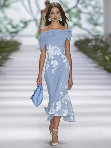 Zakaka Women's Off The Shoulder Mermaid Midi Dress Floral Print Bodycon Gown for Cocktail Wedding Guest Races