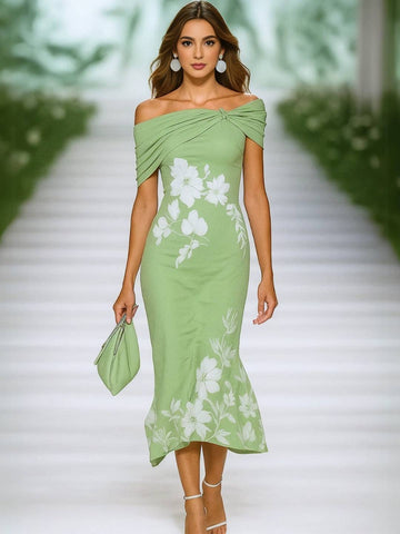 Zakaka Women's Off The Shoulder Mermaid Midi Dress Floral Print Bodycon Gown for Cocktail Wedding Guest Races