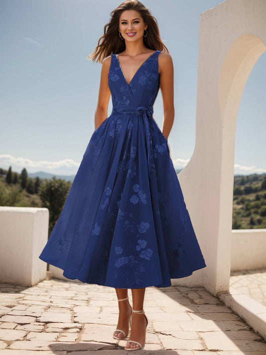 Zakaka Women's Vintage A-Line Midi Dress V-Neck Sleeveless Cocktail Gown with Pockets for Wedding Guest