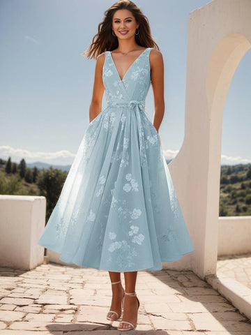 Zakaka Women's Vintage A-Line Midi Dress V-Neck Sleeveless Cocktail Gown with Pockets for Wedding Guest