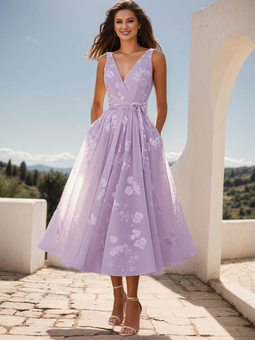 Zakaka Women's Vintage A-Line Midi Dress V-Neck Sleeveless Cocktail Gown with Pockets for Wedding Guest