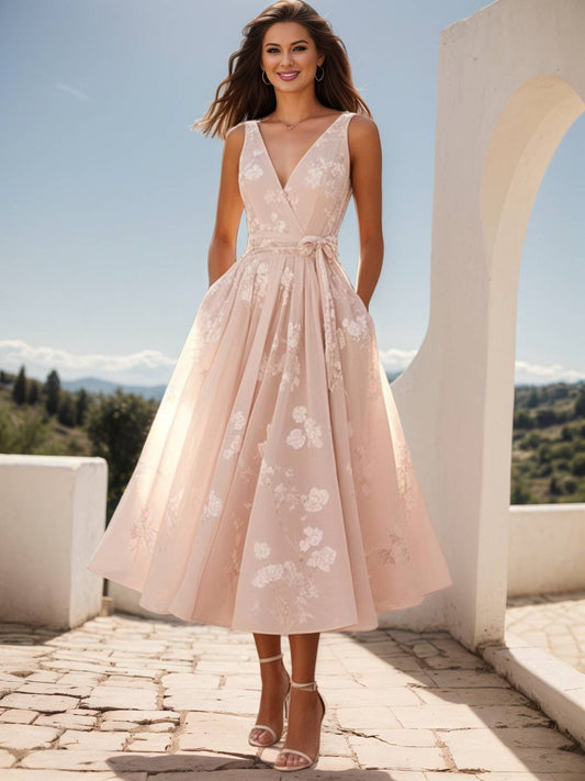 Zakaka Women's Vintage A-Line V-Neck Sleeveless  Midi Dress with Pockets for Cocktail