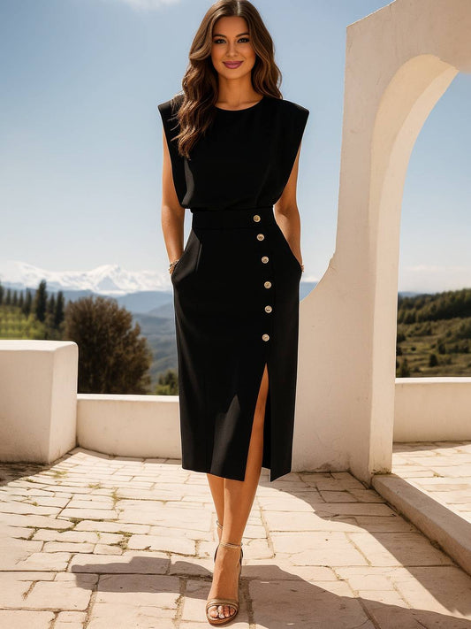 Zakaka Women's Solid Color Round Neck Sleeveless Side Slit Midi Dress Elegant Chic Work Outfit