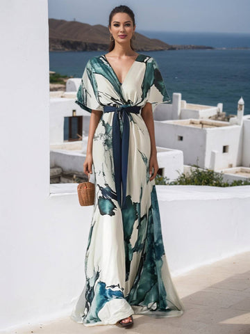 Zakaka Women's Printed Maxi Dress V Neck Kimono Sleeve Tie Waist Flowy Kaftan for Summer Beach Wedding Guest