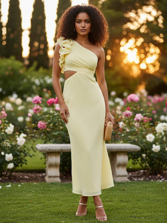 Zakaka Women Oblique Shoulder Ruffle Dress Elegant Cut Out Ruched Midi Gown Asymmetrical Formal Wedding Guest Cocktail
