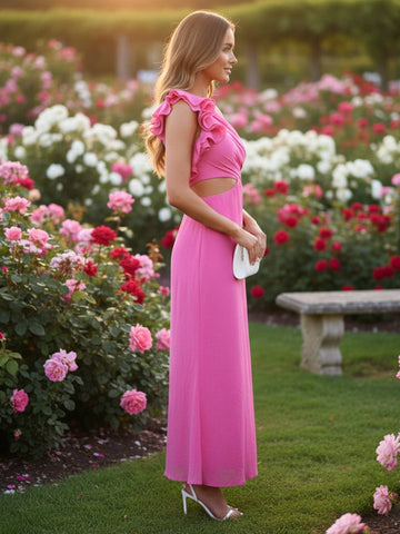 Zakaka Women Oblique Shoulder Ruffle Dress Elegant Cut Out Ruched Midi Gown Asymmetrical Formal Wedding Guest Cocktail