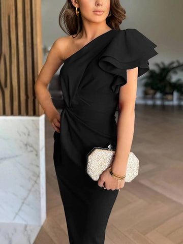 Zakaka Women Elegant One Shoulder Ruffle Dress High Slit Asymmetrical Formal Gown Cocktail Party Maxi Dress