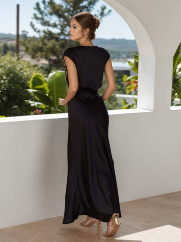 Zakaka Women Satin V-Neck Wrap Dress Cap Sleeve Elegant Maxi Gown Formal Evening Bridesmaid Wedding Guest Dress