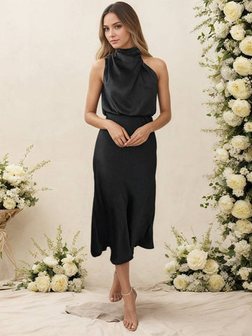 Zakaka Women Halter Neck Satin Dress Elegant Cowl Drape Bodice Sleeveless Midi Gown Formal Wedding Guest Bridesmaid