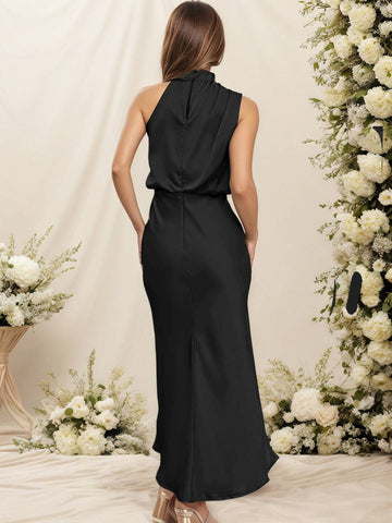 Zakaka Women Halter Neck Satin Dress Elegant Cowl Drape Bodice Sleeveless Midi Gown Formal Wedding Guest Bridesmaid