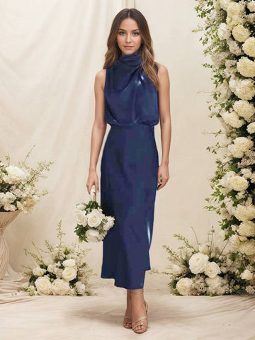 Zakaka Women Halter Neck Satin Dress Elegant Cowl Drape Bodice Sleeveless Midi Gown Formal Wedding Guest Bridesmaid