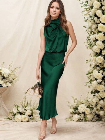 Zakaka Women Halter Neck Satin Dress Elegant Cowl Drape Bodice Sleeveless Midi Gown Formal Wedding Guest Bridesmaid