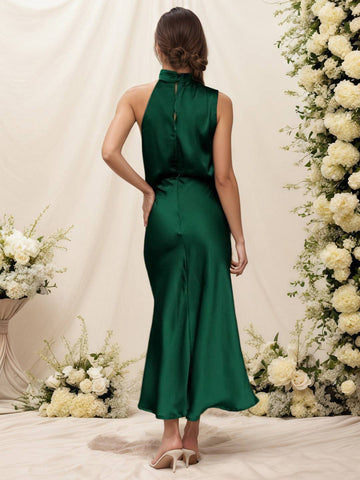 Zakaka Women Halter Neck Satin Dress Elegant Cowl Drape Bodice Sleeveless Midi Gown Formal Wedding Guest Bridesmaid