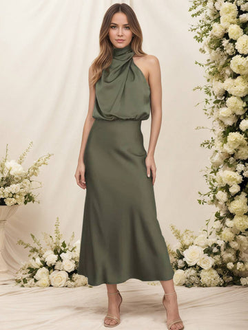 Zakaka Women Halter Neck Satin Dress Elegant Cowl Drape Bodice Sleeveless Midi Gown Formal Wedding Guest Bridesmaid