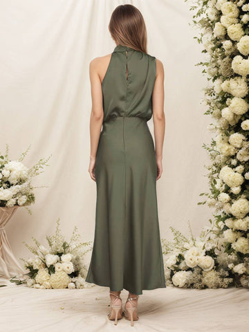 Zakaka Women Halter Neck Satin Dress Elegant Cowl Drape Bodice Sleeveless Midi Gown Formal Wedding Guest Bridesmaid