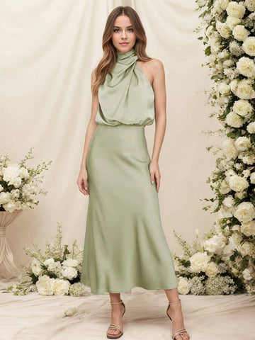 Zakaka Women Halter Neck Satin Dress Elegant Cowl Drape Bodice Sleeveless Midi Gown Formal Wedding Guest Bridesmaid