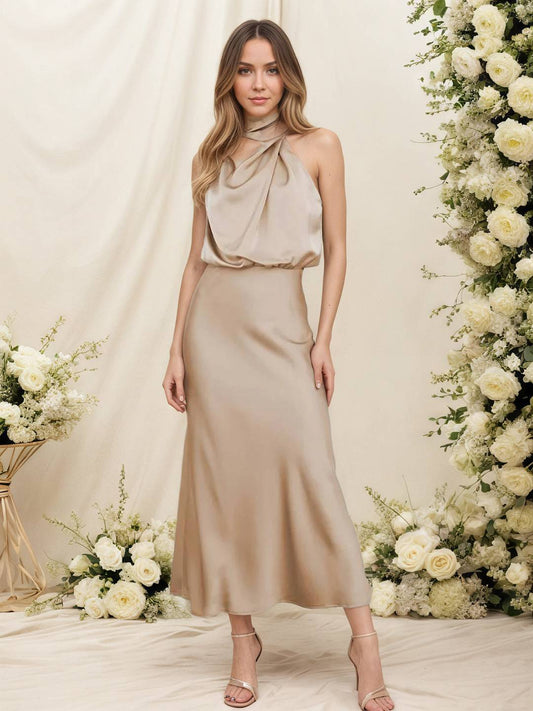 Zakaka Women Satin Halter Neck Elegant Cowl Drape Bodice Sleeveless Bridesmaid Dress