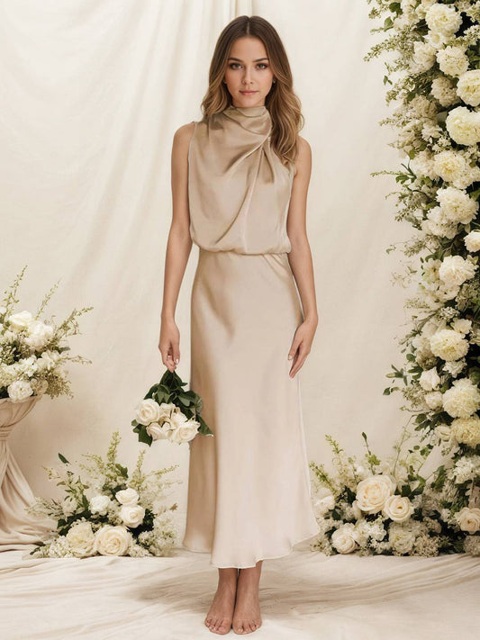 Zakaka Women Satin Halter Neck Elegant Cowl Drape Bodice Sleeveless Bridesmaid Dress