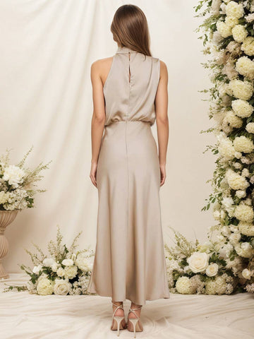 Zakaka Women Halter Neck Satin Dress Elegant Cowl Drape Bodice Sleeveless Midi Gown Formal Wedding Guest Bridesmaid