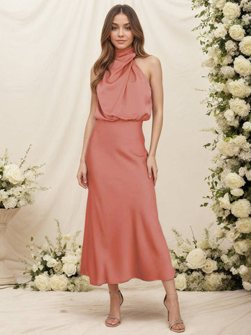 Zakaka Women Halter Neck Satin Dress Elegant Cowl Drape Bodice Sleeveless Midi Gown Formal Wedding Guest Bridesmaid