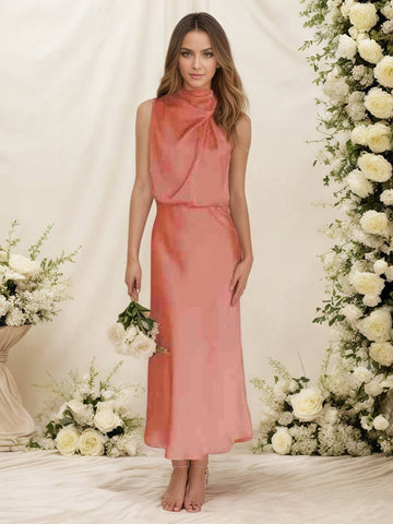Zakaka Women Halter Neck Satin Dress Elegant Cowl Drape Bodice Sleeveless Midi Gown Formal Wedding Guest Bridesmaid