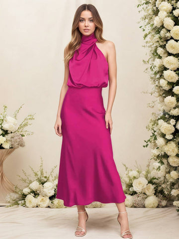 Zakaka Women Halter Neck Satin Dress Elegant Cowl Drape Bodice Sleeveless Midi Gown Formal Wedding Guest Bridesmaid