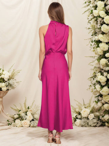 Zakaka Women Halter Neck Satin Dress Elegant Cowl Drape Bodice Sleeveless Midi Gown Formal Wedding Guest Bridesmaid