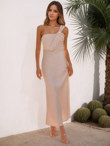 Zakaka Bridesmaid Dress Women One Shoulder Satin Dress Elegant Asymmetrical Knot Formal Gown Wedding Guest Cocktail