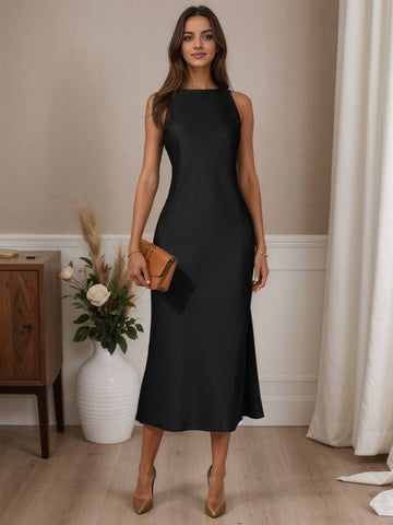 Zakaka Midi Dress Satin Side Slit Sleeveless Elegant Fashion Evening Party Cocktail
