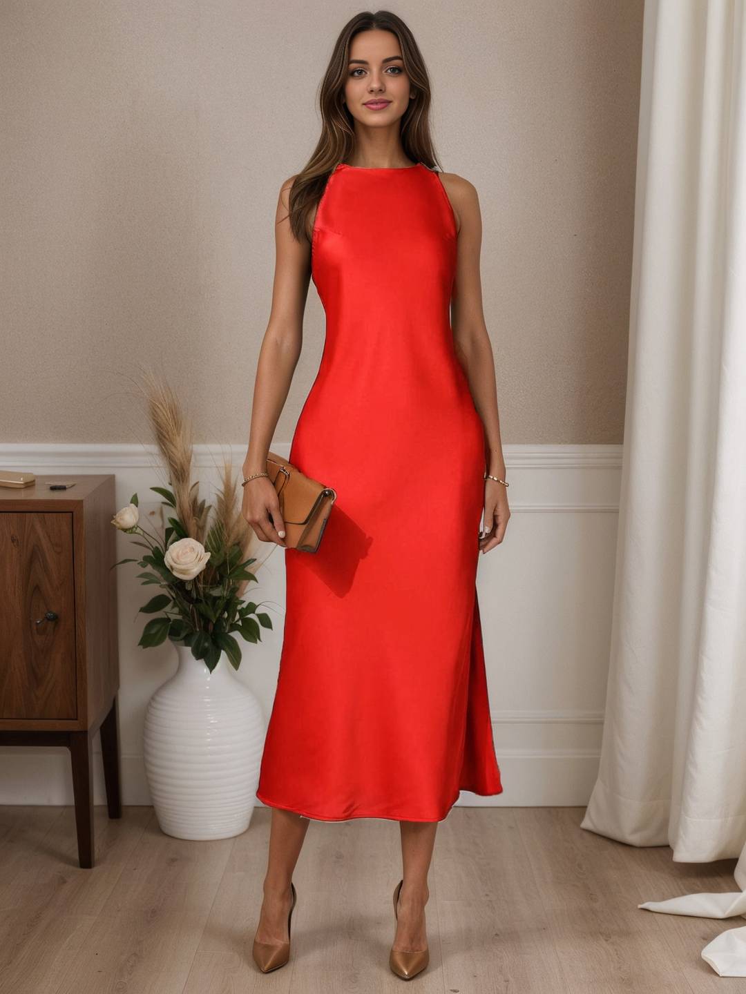 Zakaka Midi Dress Satin Side Slit Sleeveless Elegant Fashion Evening Party Cocktail