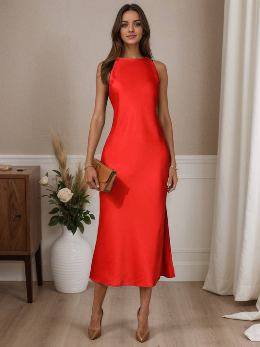 Zakaka Midi Dress Satin Side Slit Sleeveless Elegant Fashion Evening Party Cocktail