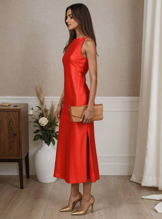 Zakaka Midi Dress Satin Side Slit Sleeveless Elegant Fashion Evening Party Cocktail