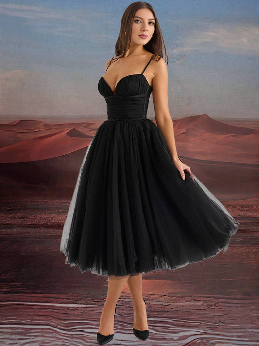 Zakaka Women Spaghetti Straps Backless Puffy Tutu Tulle Birthday Midi Dress