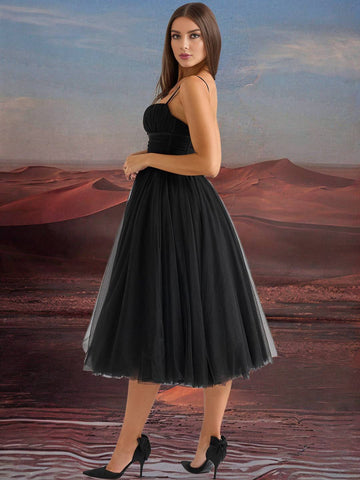 Zakaka Puffy Tutu Tulle Birthday Midi Dress Spaghetti Straps Backless Elegant Sweet Evening Party Ball Gown Prom