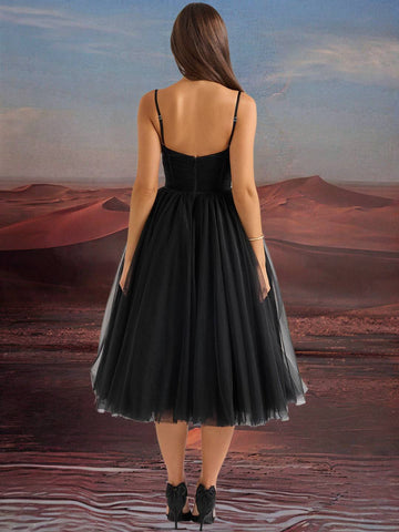 Zakaka Puffy Tutu Tulle Birthday Midi Dress Spaghetti Straps Backless Elegant Sweet Evening Party Ball Gown Prom