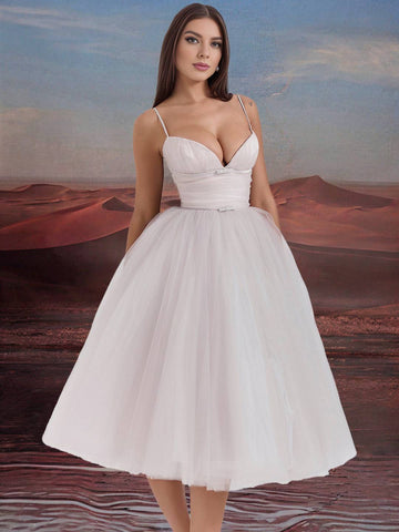 Zakaka Puffy Tutu Tulle Birthday Midi Dress Spaghetti Straps Backless Elegant Sweet Evening Party Ball Gown Prom