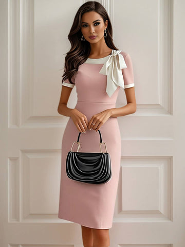 Zakaka Women's Elegant Sheath Mini Dress Short Sleeve Bow Neck Colorblock Pencil Dress for Work Office Business Cocktail