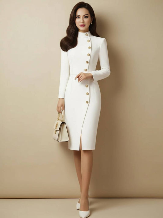 Zakaka Women's Elegant Bodycon Midi Dress High Neck Long Sleeve Button Slit Work Office Business Pencil Dress