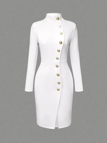 Zakaka Women's Elegant Bodycon Midi Dress High Neck Long Sleeve Button Slit Work Office Business Pencil Dress