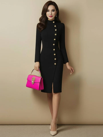 Zakaka Women's Elegant Bodycon Midi Dress High Neck Long Sleeve Button Slit Work Office Business Pencil Dress