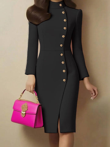Zakaka Women's Elegant Bodycon Midi Dress High Neck Long Sleeve Button Slit Work Office Business Pencil Dress