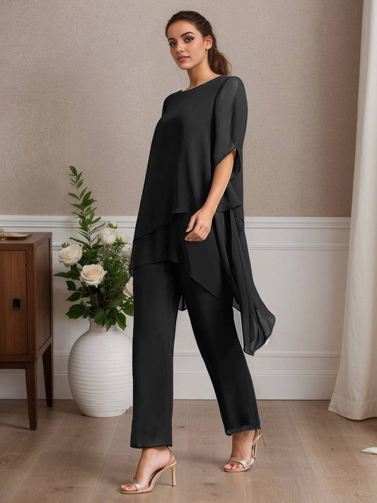 Zakaka Black Pantsuit Mother of the Bride Dress Elegant Shirt Collar Asymmetrical Chiffon Short Sleeve with Solid Color