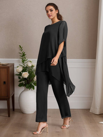 Zakaka Black Pantsuit Mother of the Bride Dress Elegant Shirt Collar Asymmetrical Chiffon Short Sleeve with Solid Color