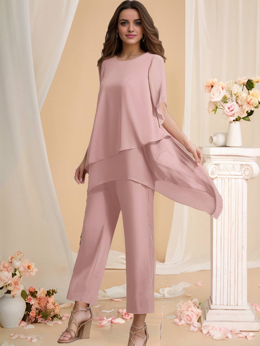 Zakaka 2 Pieces Scoop Half Sleeves Ankle-Length Mother of the Bride Groom Pantsuits