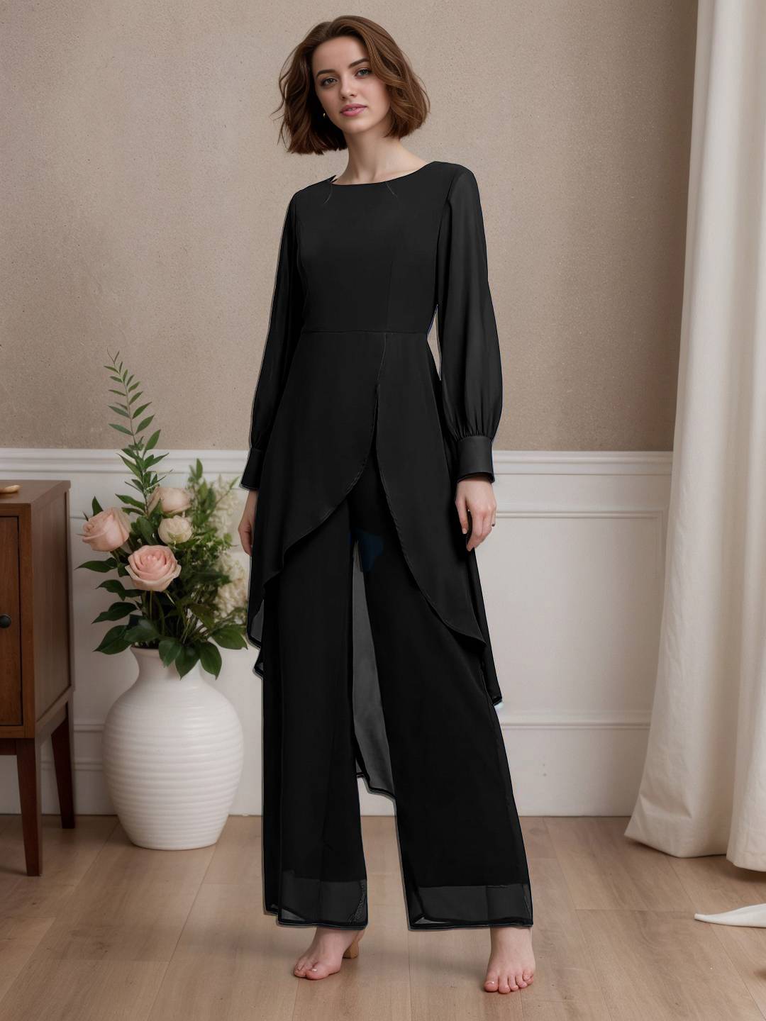 Zakaka Women Wedding Guest Set Solid Color Irregular 2-In-1 Chiffon Round Neck Long Sleeve Elegant Suit