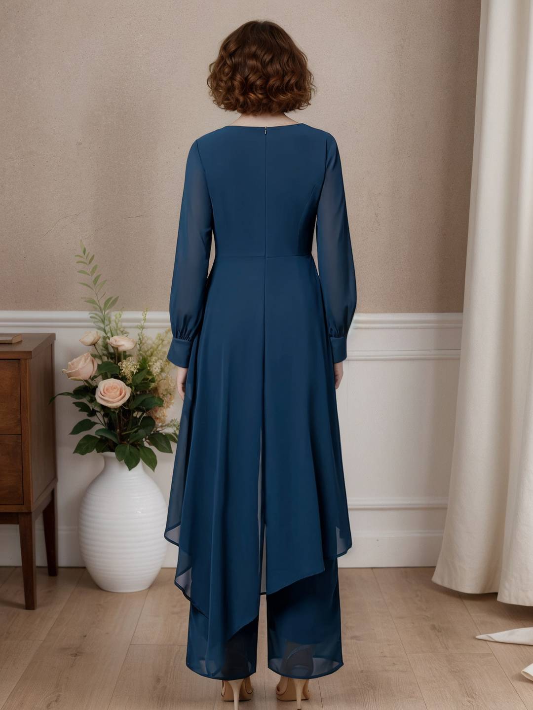 Zakaka Women Wedding Guest Set Solid Color Irregular 2-In-1 Chiffon Round Neck Long Sleeve Elegant Suit