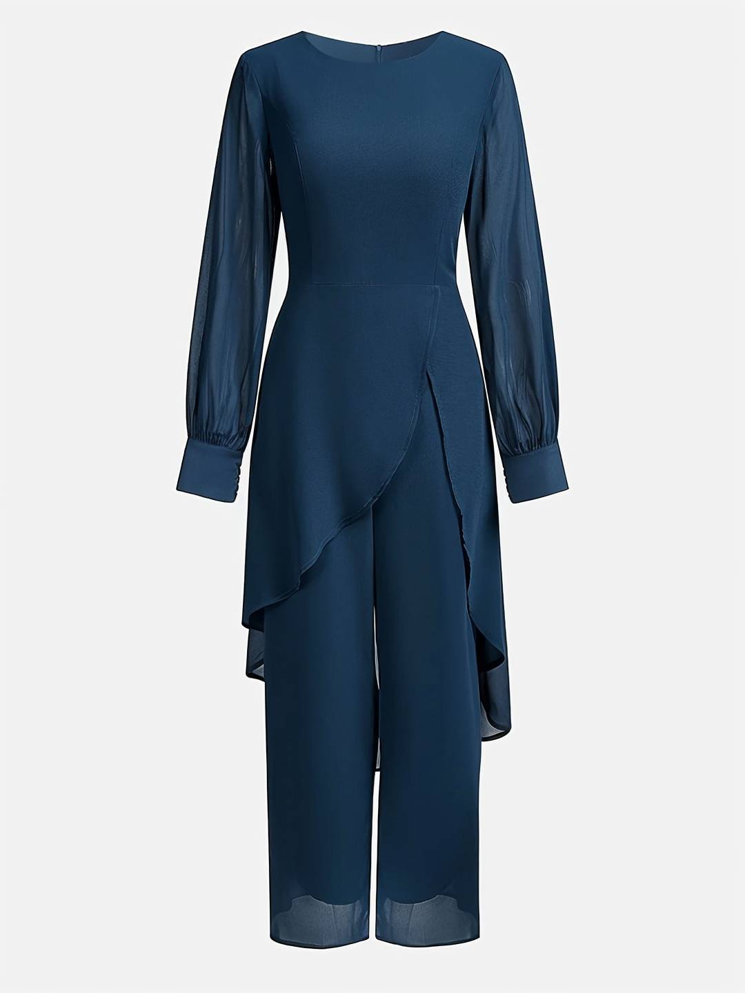 Zakaka Women Wedding Guest Set Solid Color Irregular 2-In-1 Chiffon Round Neck Long Sleeve Elegant Suit