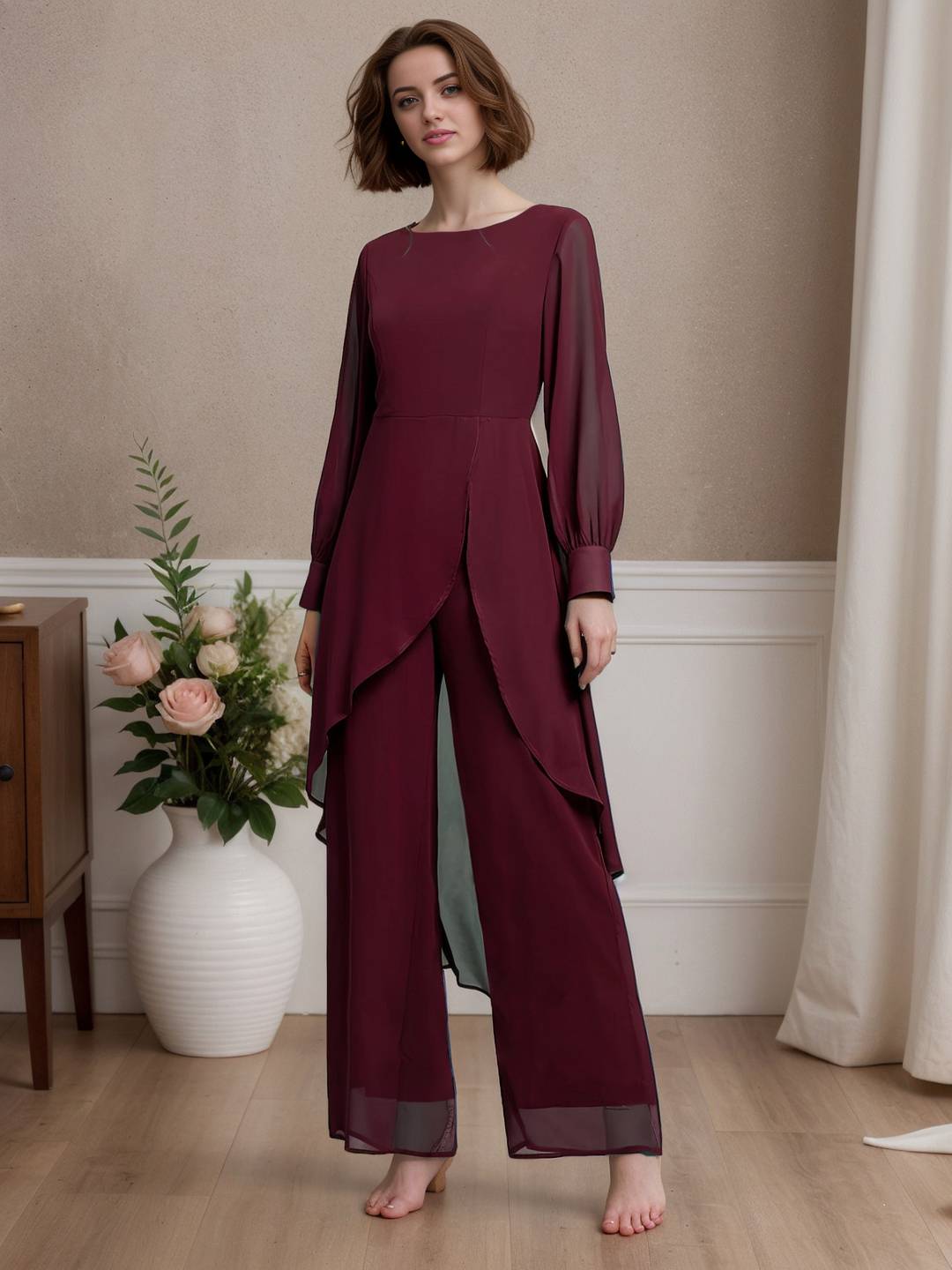 Zakaka Women Wedding Guest Set Solid Color Irregular 2-In-1 Chiffon Round Neck Long Sleeve Elegant Suit